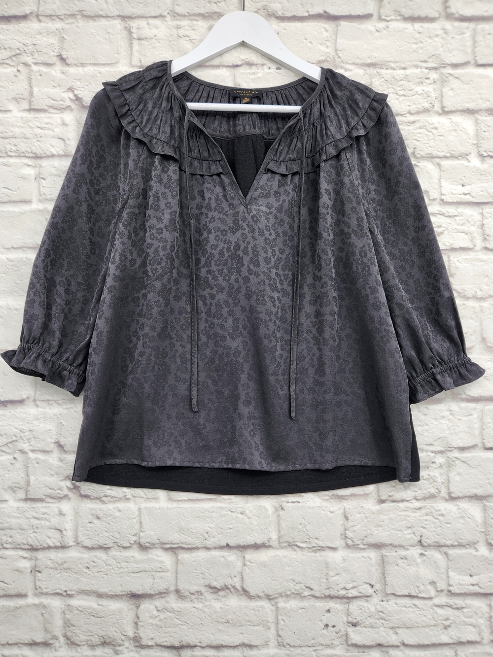 Current Air Anthropologie Blackish/Green Floral Jacquard Ruffle Blouse XS